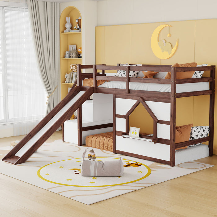 Loft Bed With Storage Stairs, Slide, Playhouse Window And 7 Colors LED Lights
