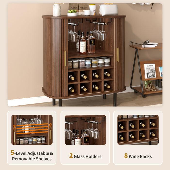 Fluted Wine Bar Cabinet With 8 Grid Wine Rack, 5 Level Adjustable Shelves, 2 Glass Holders