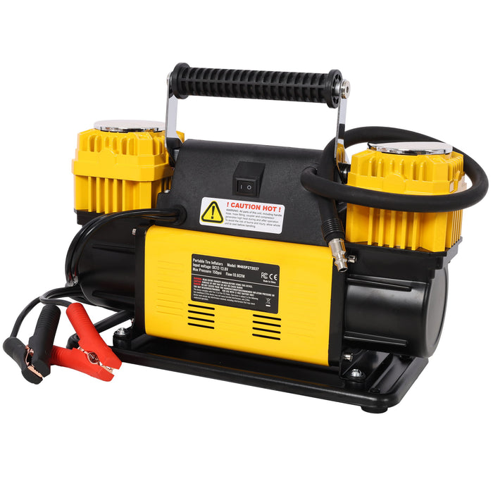 Heavy Duty 12V Dual Cylinder Air Compressor, Tire Inflator With Gauge - Yellow / Black