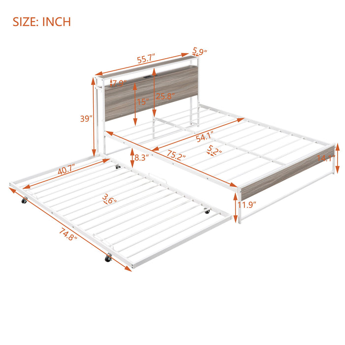 Platform Bed Frame With Trundle, USB Ports And Slat Support, No Box Spring Needed