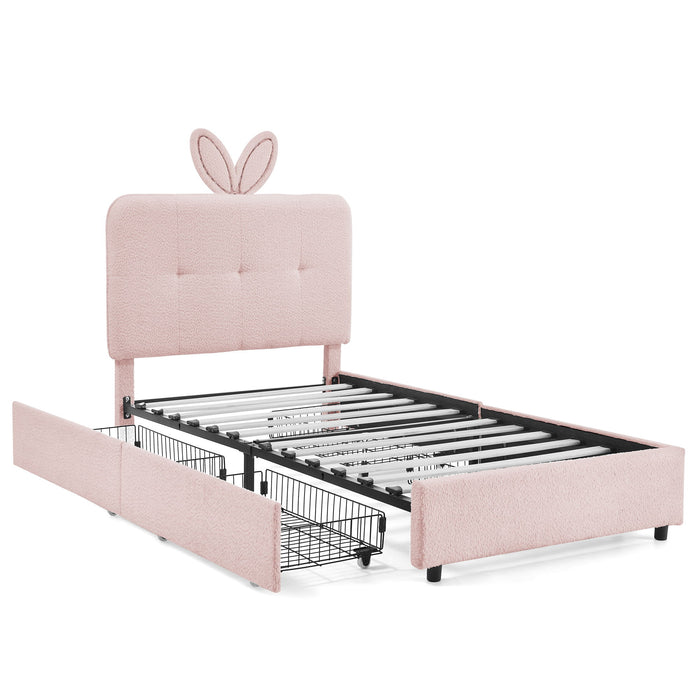 Upholstered Bed With Oversized Rabbit Ear Headboard, LED Lights & 4 Storage Drawers