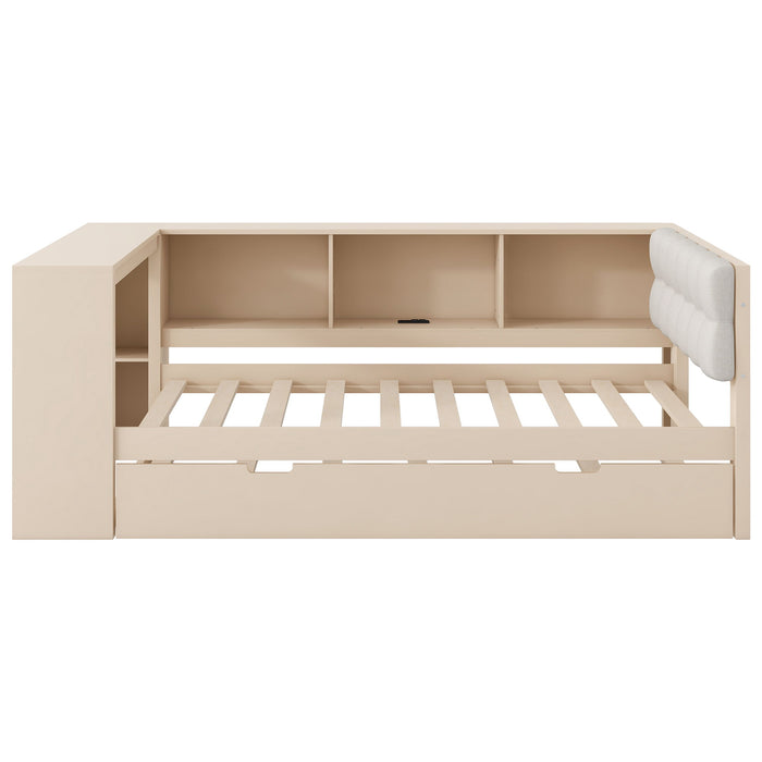 Upholstered Headboard Platform Bed With Storage Shelves, Trundle, Charging Station