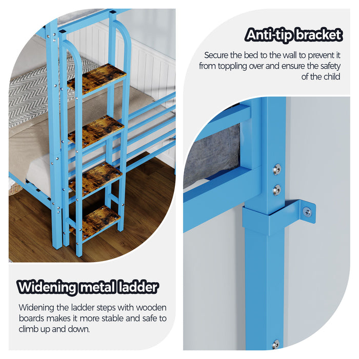 Bunk Bed, Convertible To 2 Separate Twin Size Beds With Full Length Guardrail & Ladder, No Box Spring Needed - Blue