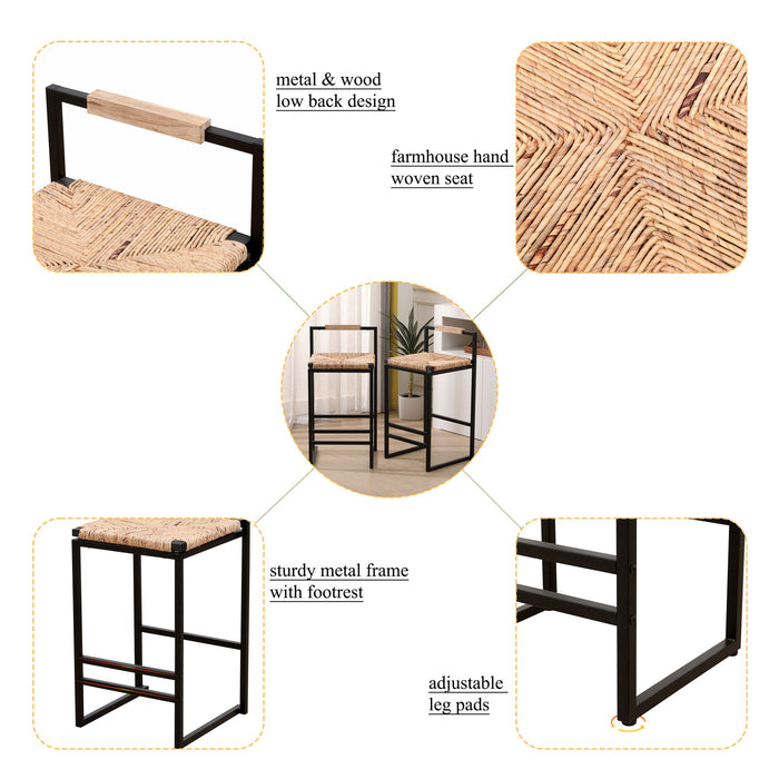 Water Hyacinth Woven Bar Stools With Back Support, Counter Height Dining Chairs (Set of 2) - Natural