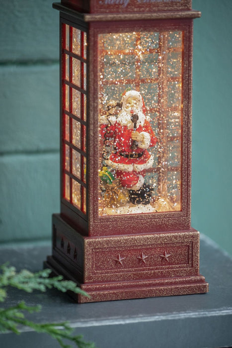 Christmas Lighted Water Spinning Phone Booth With Santa On Phone, 3*AA Batteries Required - White / Red