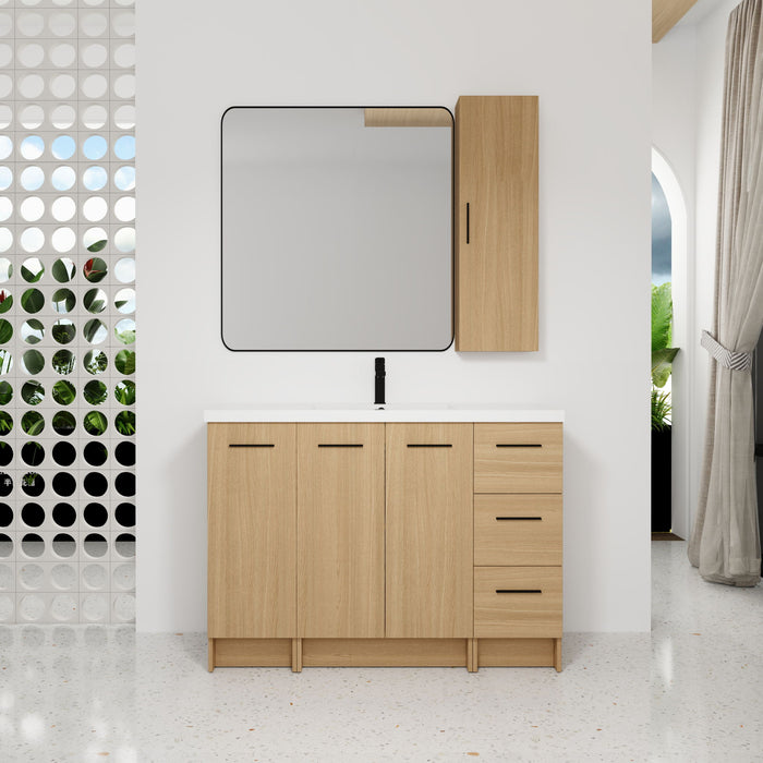 Freestanding Bathroom Vanity Set With Tall Side Cabinet, 3 Drawers And 3 Door Cabinet, Integrated Sink, Large Storage - Glossy White / Light Oak