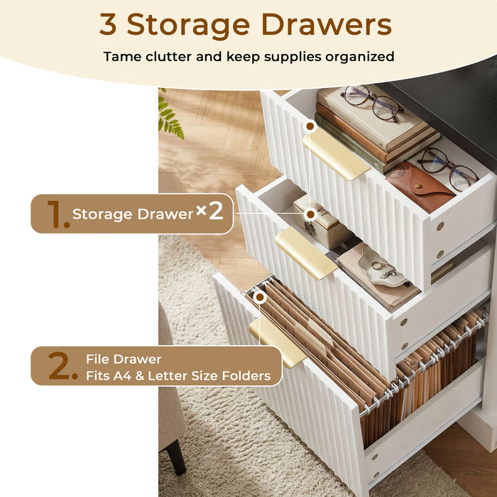 Fluted L-Shaped Desk With Charging Station & Storage Cabinet