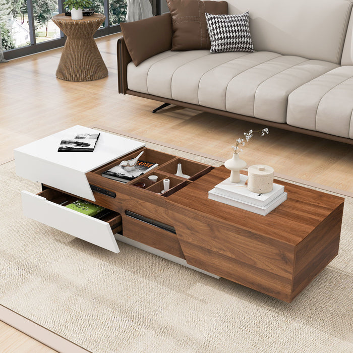 Extendable Sliding Top Coffee Table With Storage, Rectangle Shape - White / Walnut