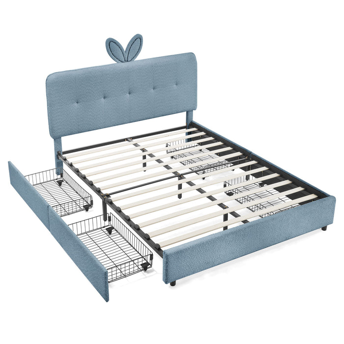 Upholstered Bed With Oversized Rabbit Ear Headboard, LED Lights & 4 Storage Drawers