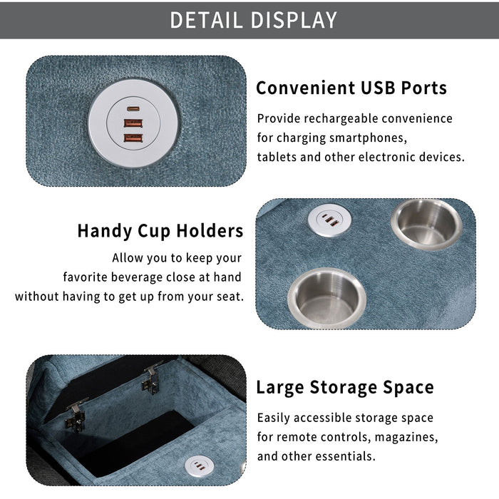 Sectional Sofa With Removable Ottomans, USB Ports, Cup Holders & Storage - Gray / Light Blue