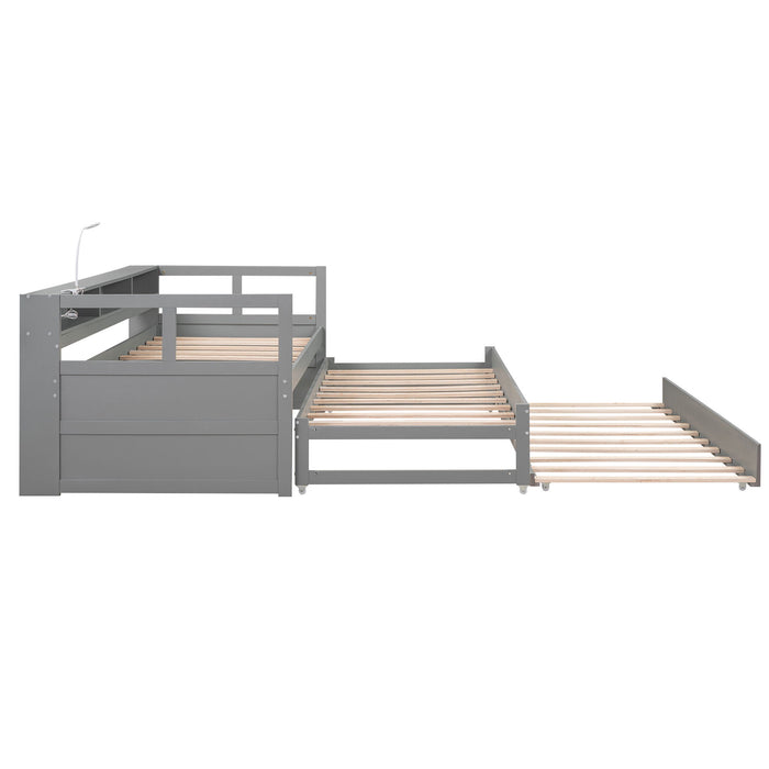 Daybed With 2 Trundles, 3 Storage Cubbies, Built In USB Charging Light