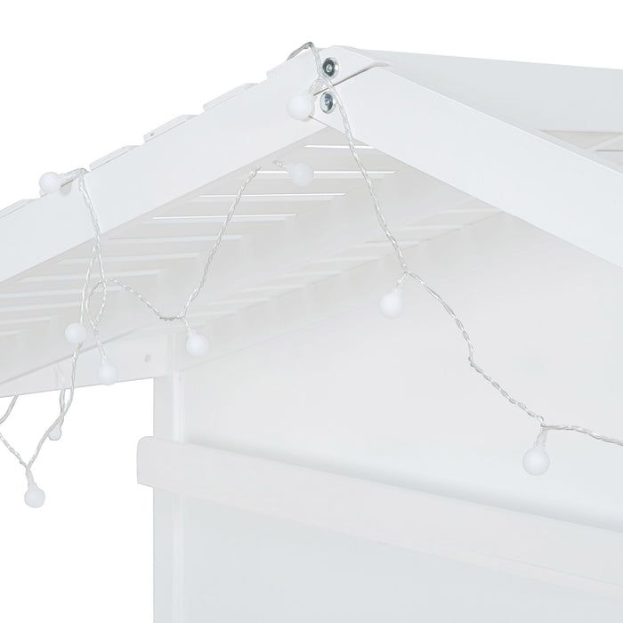 House Bed With Shelves, Window And Sparkling Light Strip On The Roof