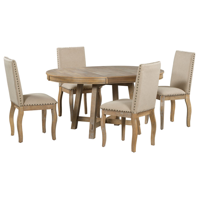 Round Extendable Dining Table Set With 4 Upholstered Chairs