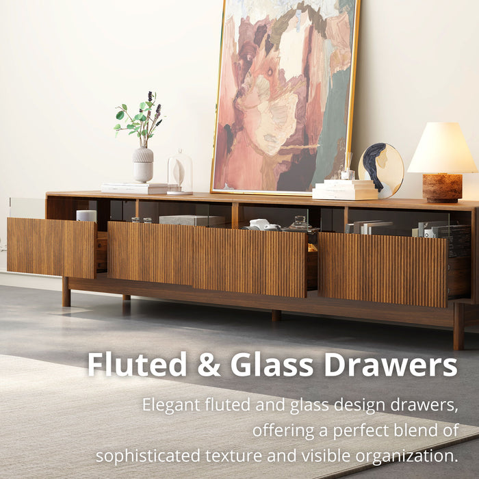 TV Stand, Entertainment Center With Fluted Drawers For Living Room - Walnut