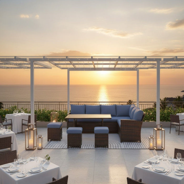 7 Piece Patio Dining Set With Cushions, Modular Sectional Sofa & Storage Table