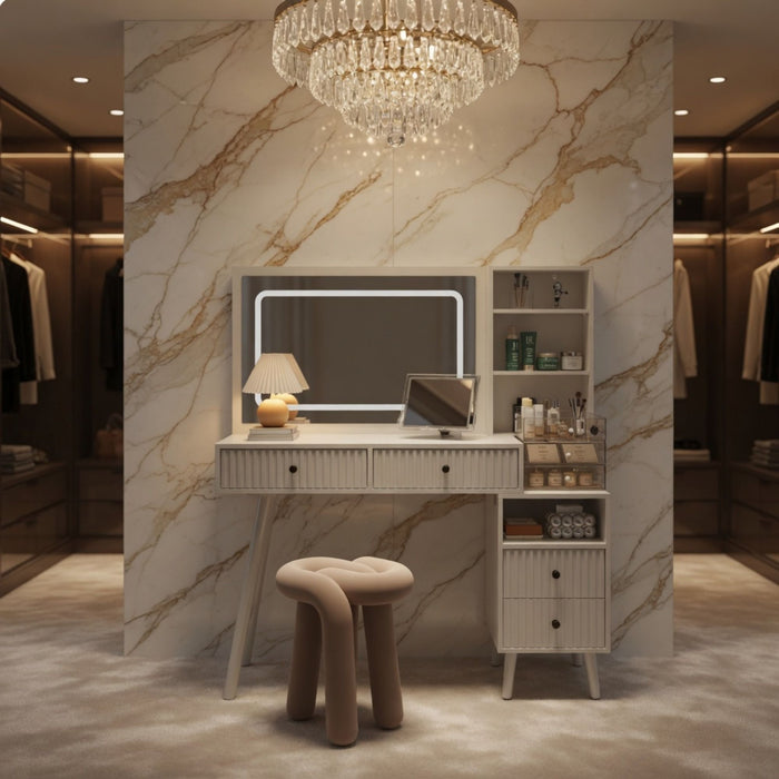 Fluted Vanity Desk With Lighted Mirror & Outlet 4 Drawer, Makeup Table - White