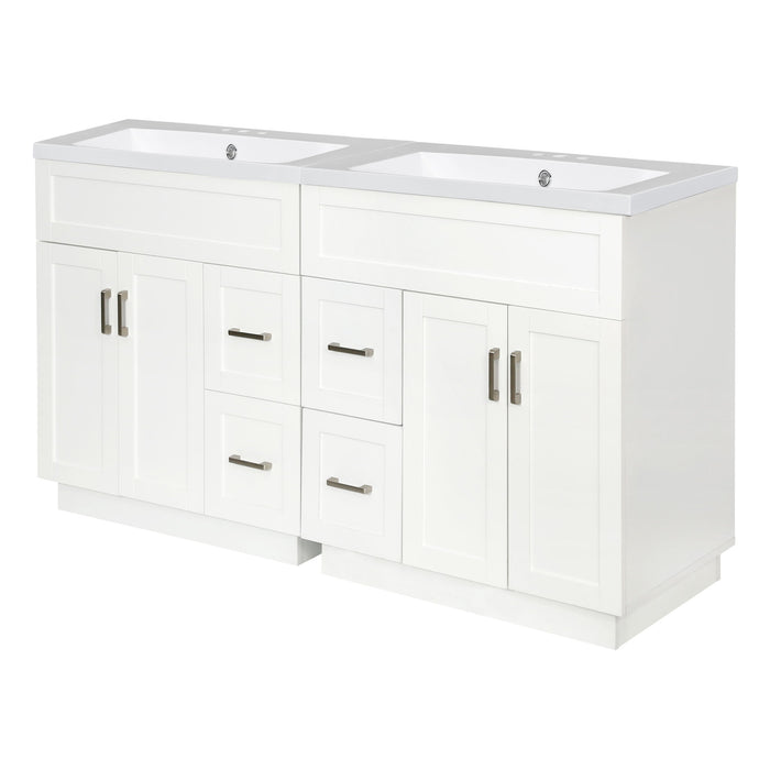 Bathroom Vanity With Dual Sinks, 4 Cabinet Doors, 4 Drawers, Adjustable Shelves - White