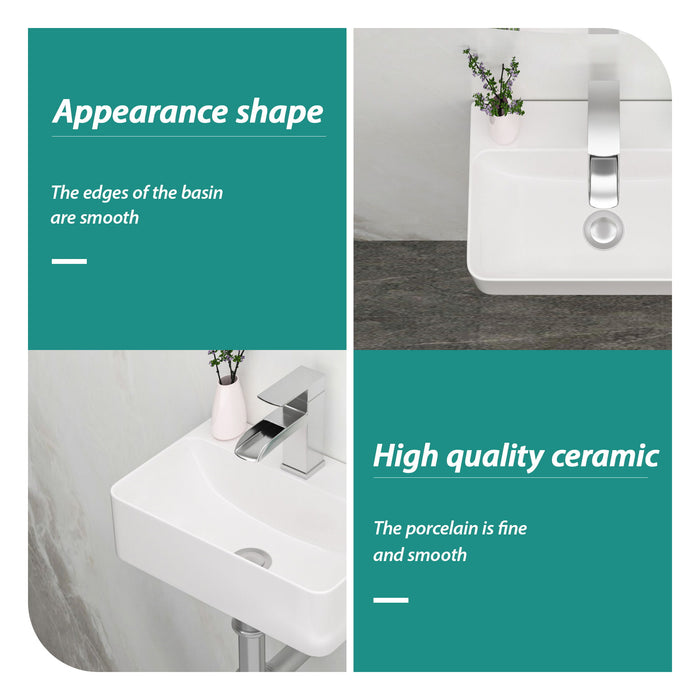 Ceramic Rectangle Wall Mount Bathroom Sink With Single Faucet Hole