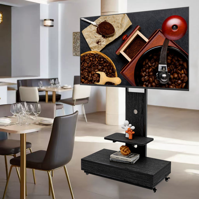 Mobile TV Cart With Push Pull Drawer, Lockable Wheels