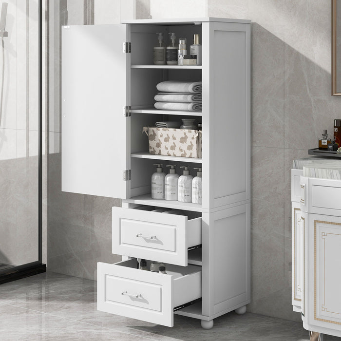 Tall Freestanding Bathroom Storage Cabinet With 2 Drawers And Adjustable Shelf