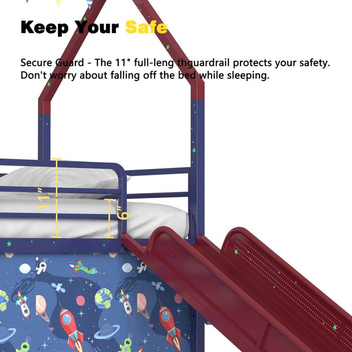 Jack - House Loft Bed With Slide And Curtain Set