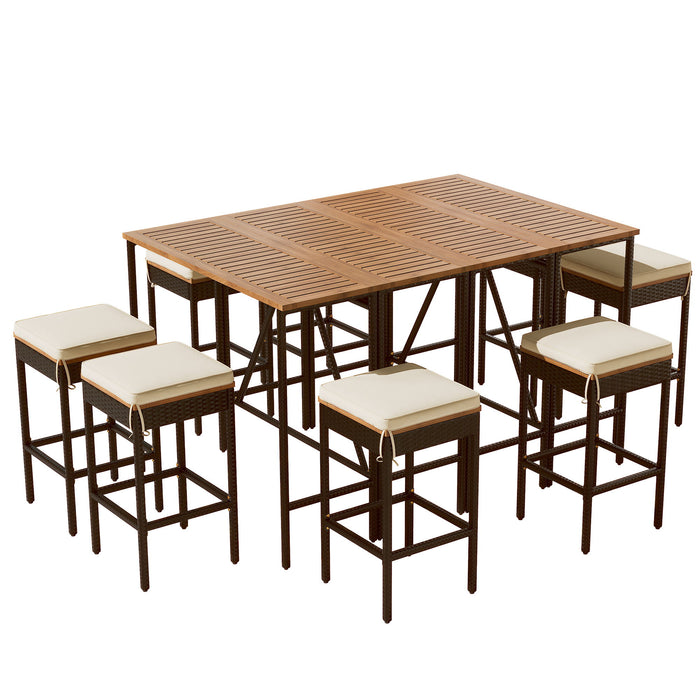 Outdoor Acacia Wood Bar Height Table And Eight Stools With Cushions