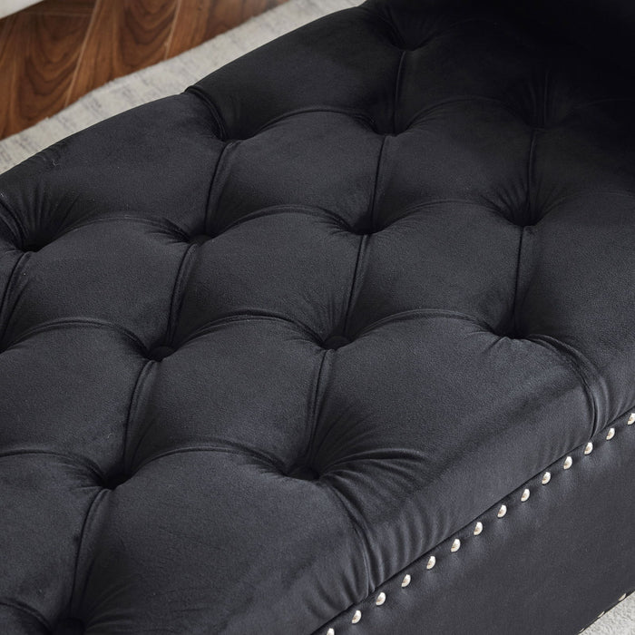 Queen Velvet Button Bedside Storage Bench With Armrests, Nailhead Trim