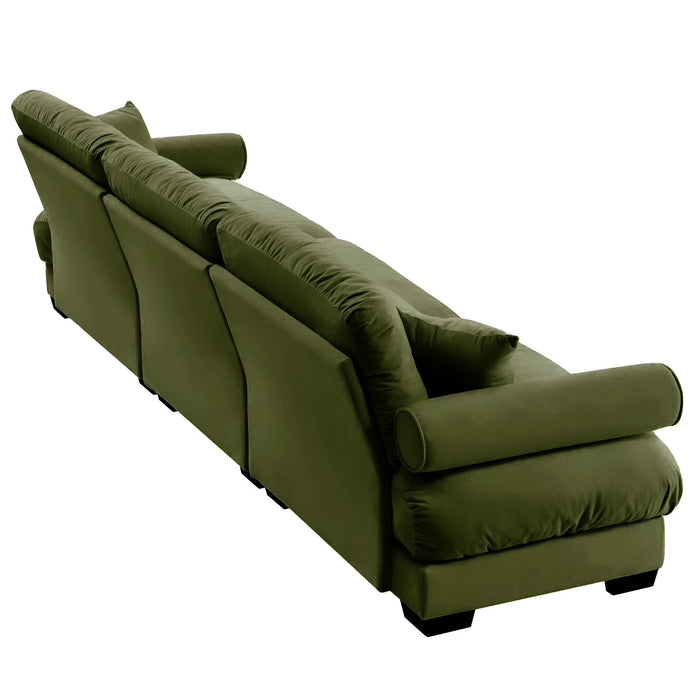 Modern Velvet Sofa With Bolstered Armrests And Pillows