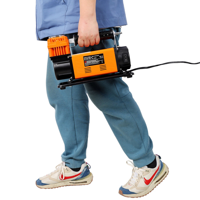 Heavy Duty 12V Air Compressor, Tire Inflator With Pressure Gauge, Compact Size - Black / Orange