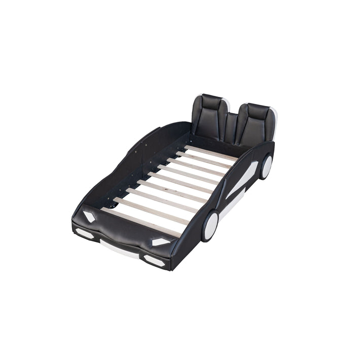 Race Car Shaped Twin Platform Bed With Wheels, Pine Wood Construction