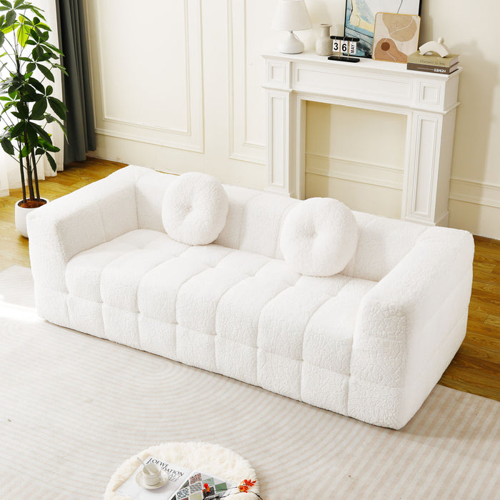 Boneless 3 Seater Sofa With Circular Throw Pillows - Beige