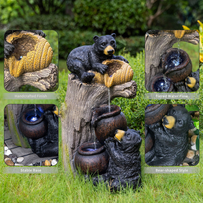 Bear Tree Stump Outdoor Water Fountain With LED Lights - Brown Gray