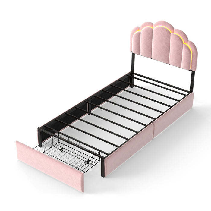 Twin Petal Platform Bed With RGB LED Lights & Storage Drawers, - Pink