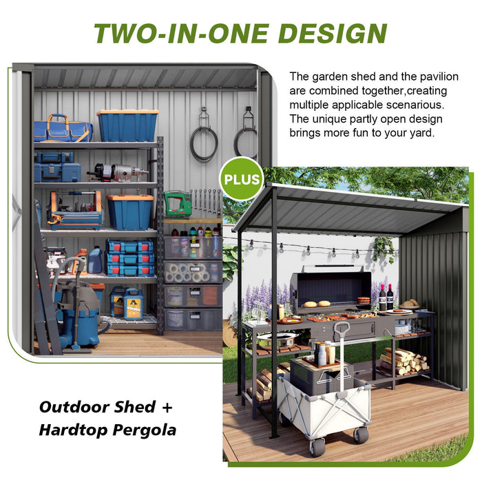 Lean To Shed With Open Sided Pergola, Outdoor Storage Shed & Attached Hardtop Gazebo Combo - Gray