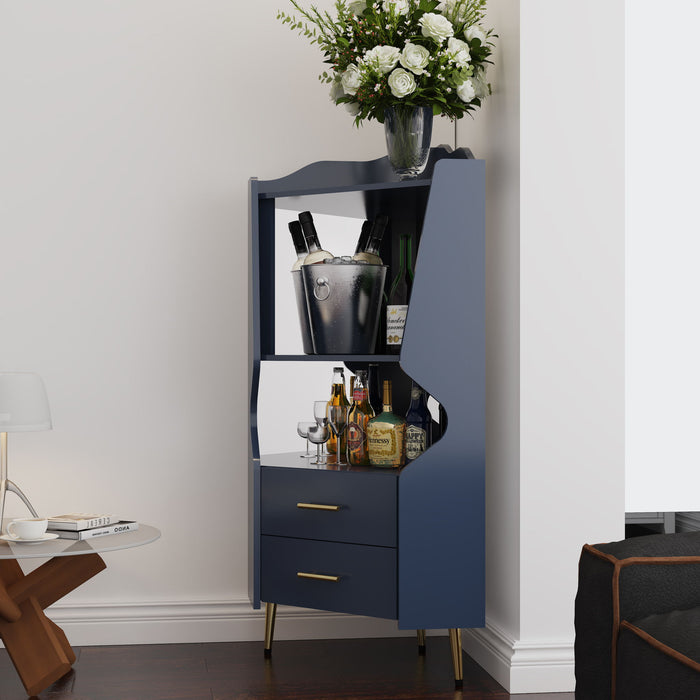 Corner Bar Cabinet With Mirrored Back, 2 Open Shelves & 2 Drawers, High Legs For Easy Cleaning