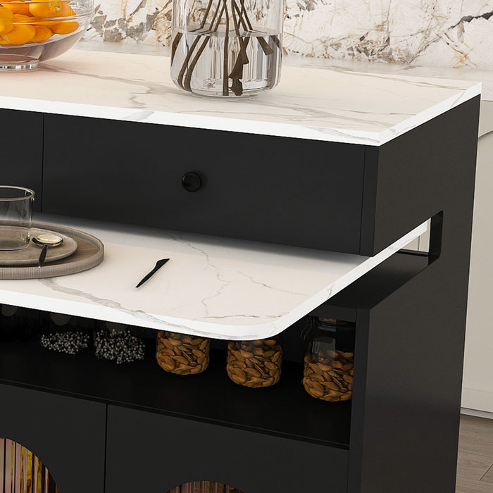 Retro Kitchen Island Set With Chairs, Extendable & Rotating Table, 4 Drawers & Door Cabinets