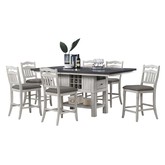 7 Piece Counter Height Dining Set With Storage Base And Ladder Back Chairs - Antique White / Gray
