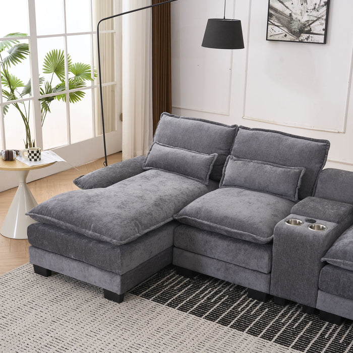 U Shaped Sofa With Console, Cupholders, USB Ports, 6 Seat, Bronzing Suede & Chenille