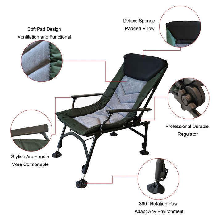 Camping Lounge Chair, Portable Folding Reclining Camping Chair With Adjustable Backrest For Indoor And Outdoor Camping Beach Hiking Fishing - Green / Black