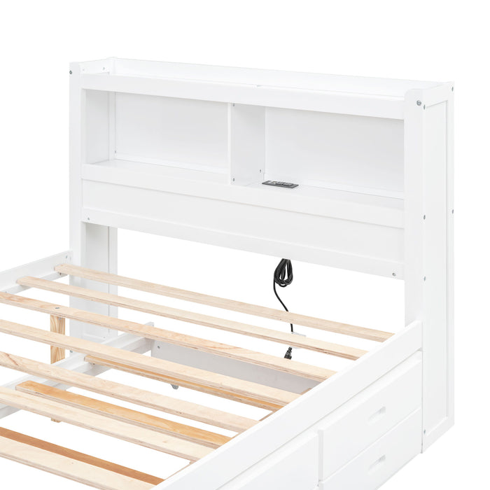 Full Size Platform Bed With Trundle, Drawers, USB Ports And Built In Shelves - White