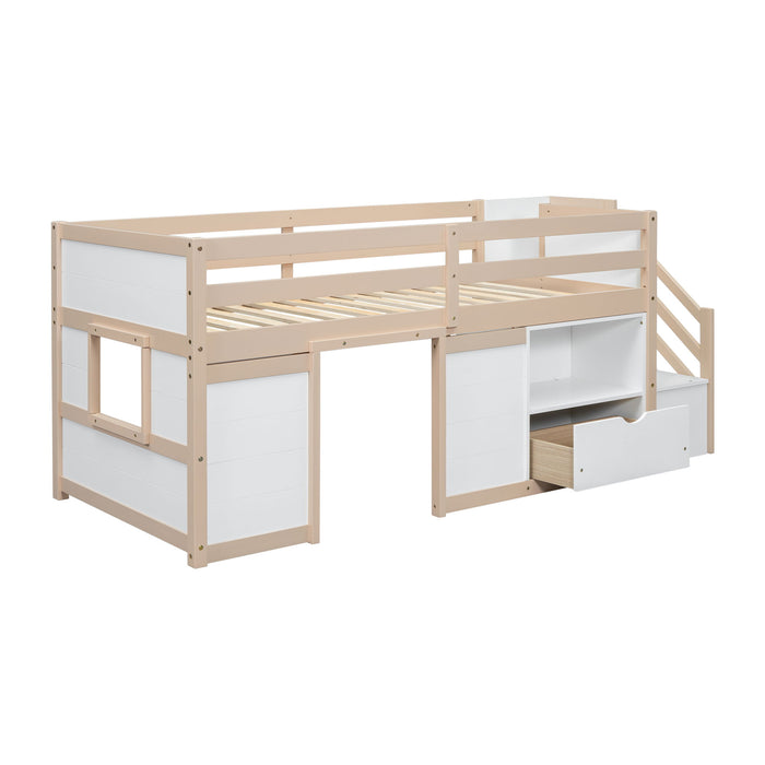 Low Loft Bed With Stair, Drawer, And Shelf