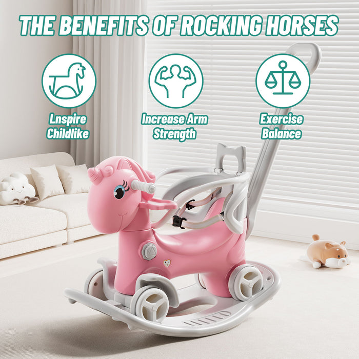 Unicorn Rocking Horse For Toddlers, Ride On Toy With Push Handle And Balance Board - Pink