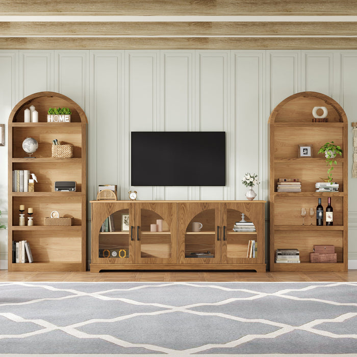 3 Piece TV Stand Set With Bookshelf With Arched Design For Living Room - Brown