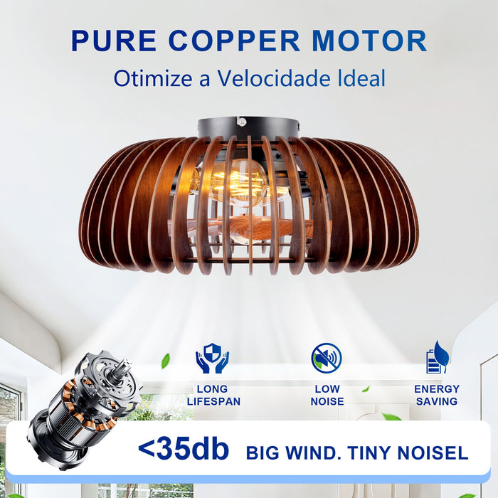 Semicircle Flush Mount Fan Light, (No Included Bulbs) And Remote Control, 6 Speeds, Quiet DC Motor For Living Room - Wood