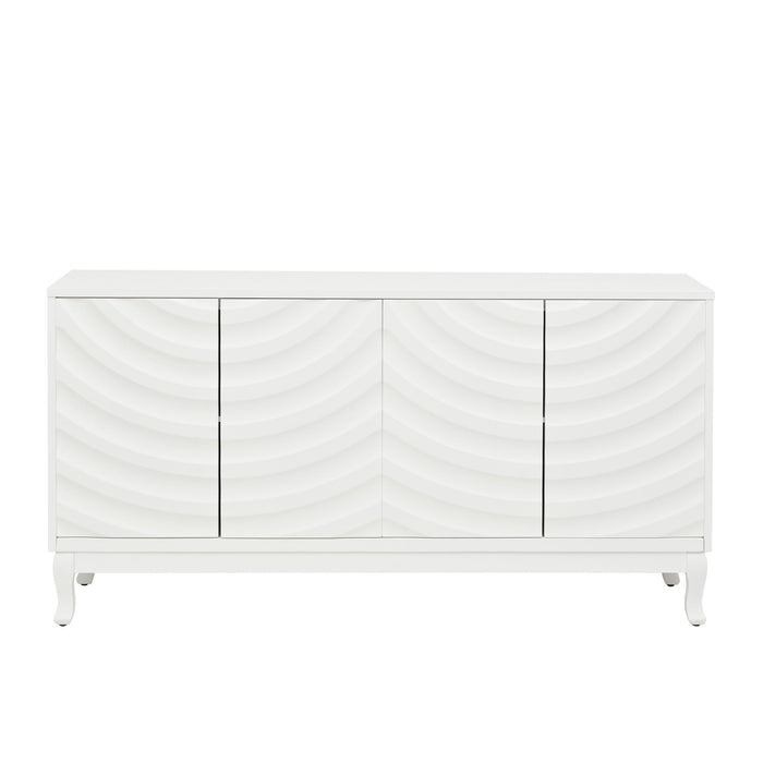 Elegant Sideboard With Sophisticated Wavy Pattern Doors And Arched Groove Design, Adjustable 4 Door Layout