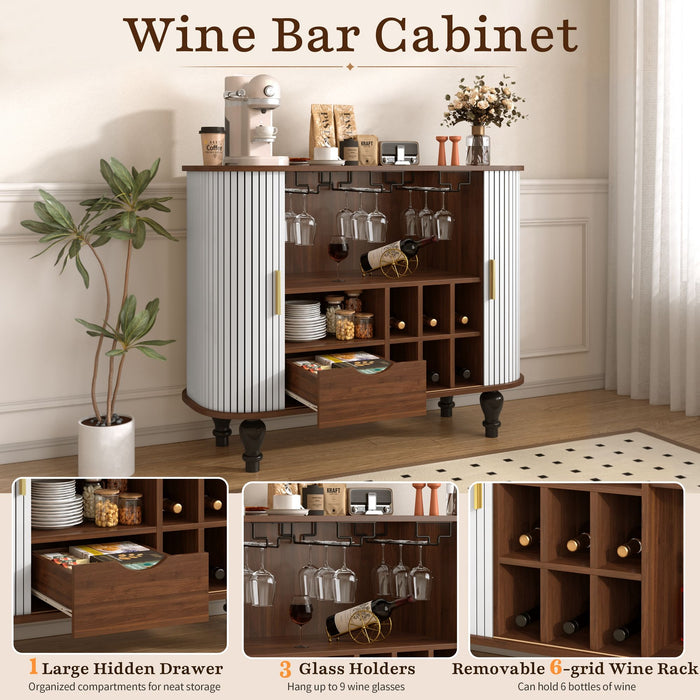 Fluted Liquor & Coffee Bar Cabinet With 6 Wine Racks And 3 Glass Holders