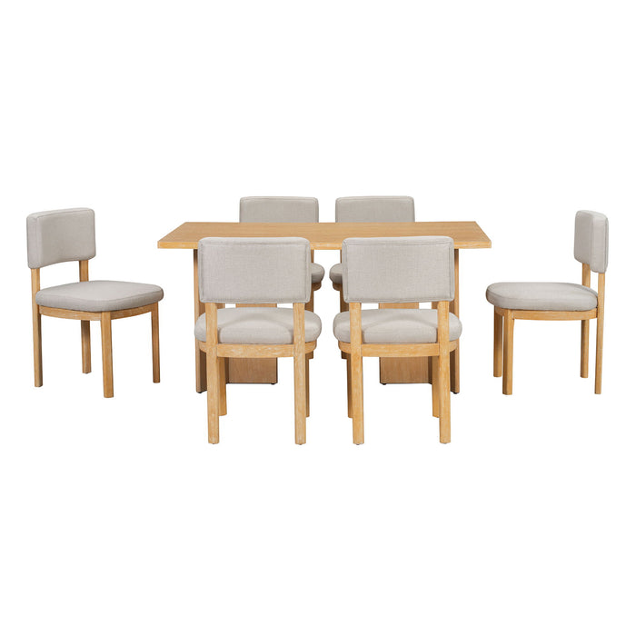 Dining Table Set With 6 Upholstered Chairs, Rectangular Table With Cutout Legs