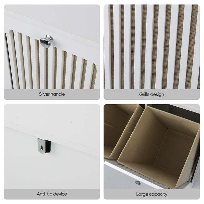 Louvered Flip Top Laundry Cabinet With Dual Fabric Baskets - White