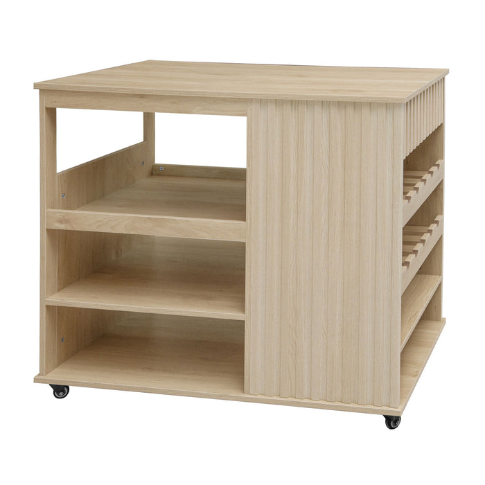 Kitchen Island Cart, Rolling Serving Utility Trolley Cart Modern Kitchen Island With Storage Drawer Wine Rack Lockable Casters, Kitchen Cart For Kitchen, Dining Room, Bar Living Room - Natural