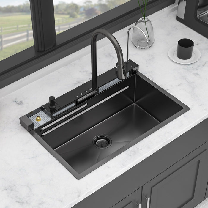 30" Whale Digital Waterfall Sink With LED Display, 16 Gauge Single Bowl Ledge Workstation - Gunmetal Black